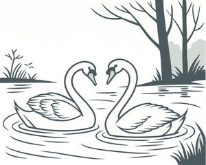 Vector art of two swans swimming together in a lake, a symbol of love and romance in a black and white illustration