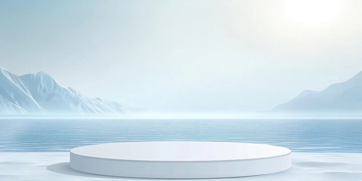 Serene Mountain-Sea Sunset Abstract Circular Platform: Creative Commercial Background for Winter Warmth Concepts. Versatile AI-Generated Design for Posters, Book Illustrations, Magazine Covers, and Fi - Powered by Adobe