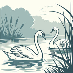 Vector art of two elegant swans swimming gracefully on a serene lake surrounded by lush greenery and reeds