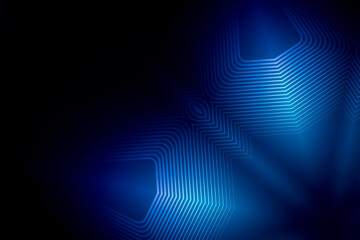 Abstract dark blue technological background with glowing honeycomb shapes made of thin lines, suitable for high-tech data concepts