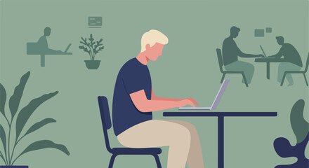 Man typing on computer in a modern open-plan workspace with others working. Use for blog