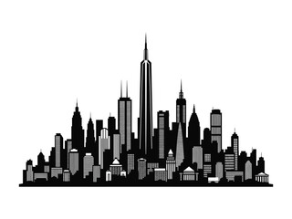 Naklejka premium Skyline Silhouette: A stunning black and white silhouette captures the essence of a bustling metropolis, highlighting towering structures that define the urban landscape.