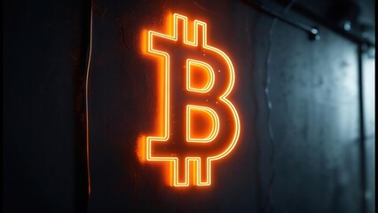 Neon Bitcoin symbol on a dark wall