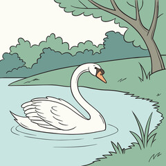 Vector art of a graceful white swan swims peacefully in the calm waters of a lake surrounded by greenery