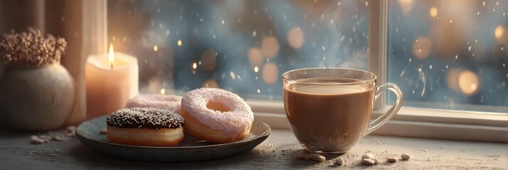 Cozy morning with coffee and donuts by the window during a snowy winter day