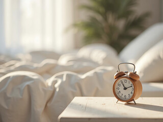 A small round wooden alarm clock with white face and black numbers, placed on a light linen-covered bedside table