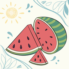 Vector art of fresh watermelon slices with seeds and a sunny illustration, perfect for summer