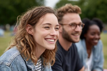Fototapeta premium Smiling friends enjoying sunny day outdoors, showcasing joy and
