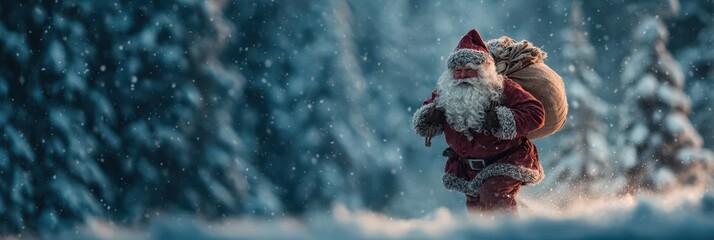 Santa Claus walking through a snowy forest carrying a large sack of gifts on a winter evening
