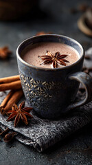 Warm Cocoa with Cinnamon and Star Anise in Dark Mug