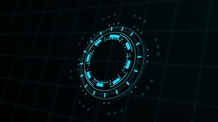 Blue futuristic HUD circle animation over a dark digital grid background. Ideal for technology concepts, AI interfaces, sci-fi visuals, or cyber data visualization in motion graphics. - Powered by Adobe