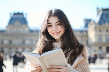Smiling girl enjoys reading a book in Tuileries Garden during a sunny day, Smiling girl reading a book in the Tuileries Garden in Paris