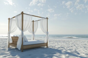 Serene beachfront canopy bed with white curtains ready for relaxation on a tranquil shore, Canopy beach bed with white curtains on an empty beach in summer