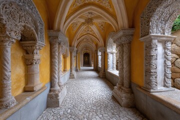Elaborate corridor featuring textured columns  ornate arched ceiling