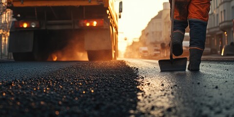 Unsplash-style photo of road workers working on asphalt pavement in the city, laying new asphalt on an empty street