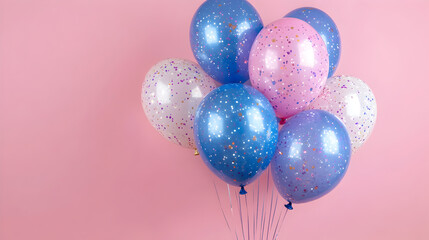 Colorful balloons with confetti on pink