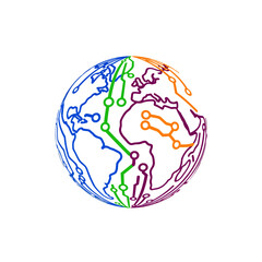 A modern and professional logo themed around a global technology conference, featuring a globe integrated with circuitry. It uses a contrasting multi-color palette and clean lines to symbolize global 