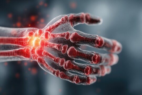 Hand with glowing joints illustrating pain, highlighting skeleta