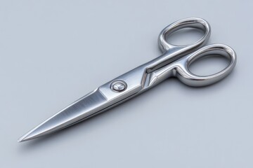 Obraz premium Gleaming stainless steel scissors laid open on a solid grey background