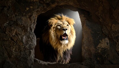 Naklejka premium Majestic lion emerging from cave