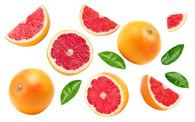grapefruit with leaves isolated on white background. clipping path
