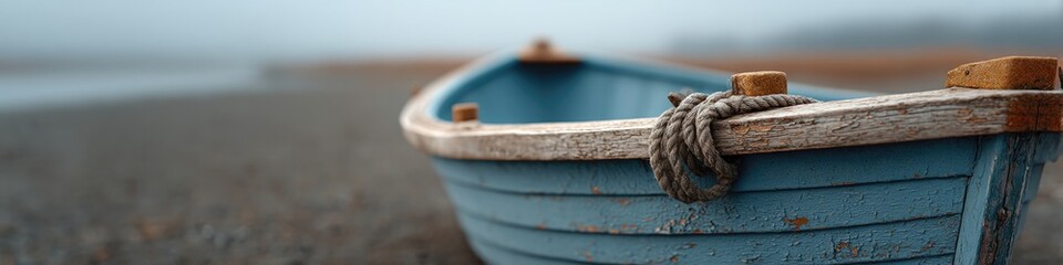 Fototapeta premium Blue boat rests on sandy shore, evoking serene maritime charm an