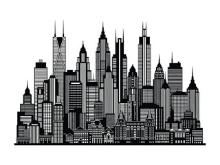 Obraz premium City Skyline: A detailed and monochrome illustration of a dense urban skyline showcasing towering skyscrapers and buildings, illustrating the dynamism of city life.