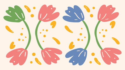 Arrangement of stylized tulips in green, pink, and blue with yellow accents on a cream background