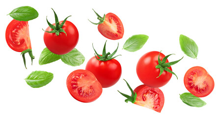 fresh tomatoes with basil isolated on white background. clipping path