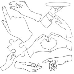 Illustration of human hands showing different gestures, cartoon style, black outline, transparent background
