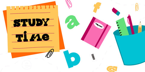 Illustration of a set for learning, with the inscription "study time", back to school and graduation, banner, transparent background
