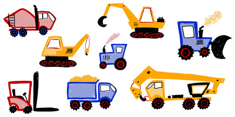 Illustration of various transport, large working machines, freehand drawing style, bright colors, transparent background

