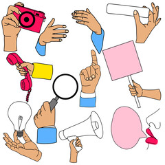 Illustration of human hands showing different gestures, cartoon style, bright colors, transparent background

