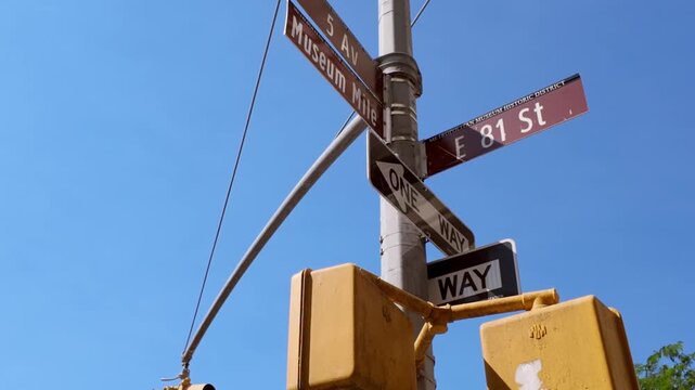 Street signs for 5th Avenue, Museum Mile, East 81st Street, clear blue sky in background, New York City. Low-angle pov