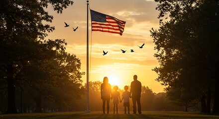 Family silhouetted against sunset, holding hands near American flag.