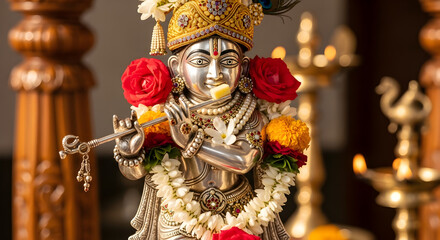 Silver Bal Krishna Idol Playing Flute: Divine Harmony