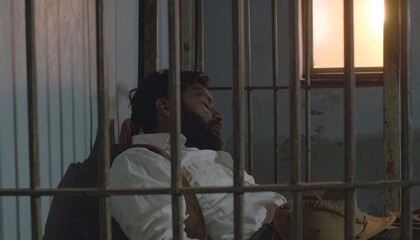 A man sleeps inside a jail cell