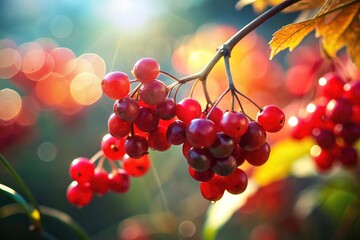 Double Exposure Viburnum Opulus Berries: Autumn Sunlit Closeup