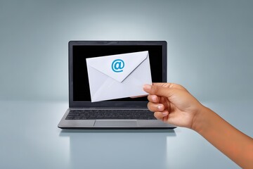Email Marketing Campaign Concept with Laptop and Hand Holding Envelope with At Symbol for Digital Communication