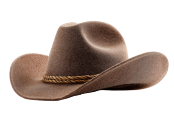 A light brownish-tan cowboy hat, angled, with a rope-like band.  The texture appears soft and slightly crinkled