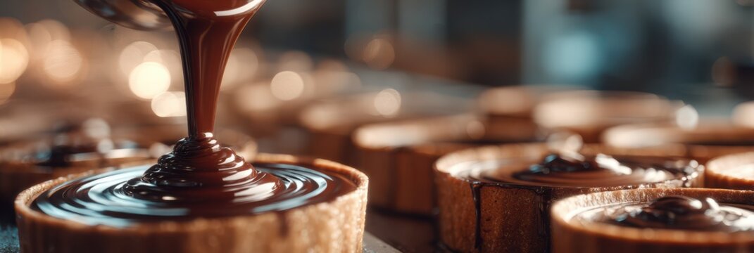 Chocolate is poured into circular molds at a confectionery workshop during the afternoon