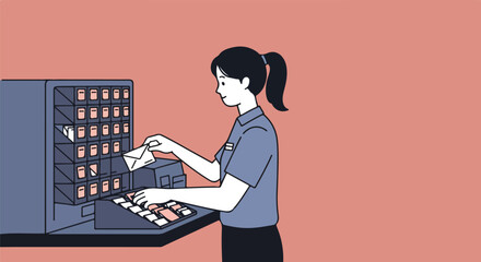 Woman places envelope in mailbox with other boxes on coral background