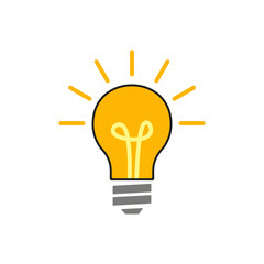 Cartoon drawing of a glowing light bulb emitting bright yellow rays, symbolizing an idea or inspiration.