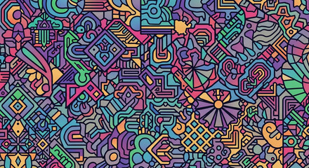 Intricate abstract pattern design. Geometric shapes are pieced together with a limited palette of teal, purple, and orange. The pattern is reminiscent of stained glass art.

