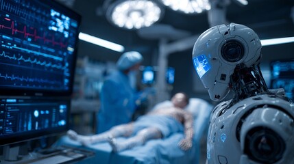 A humanoid robot assists in a modern medical facility, showcasing the integration of technology in healthcare.