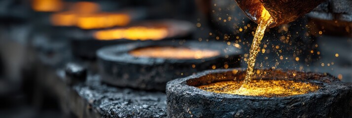 Molten metal being poured into sand molds in a workshop at dusk, showcasing a traditional metalworking process