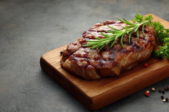 Seared steak on a wooden board garnished with herbs