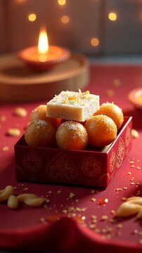 Assorted Indian sweets with lighting and decorative elements on red cloth  