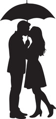 A silhouette of a couple kissing under umbrella, romantic moment, clean black shape