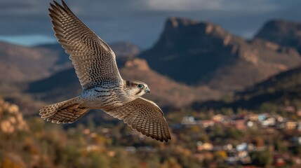 Peregrine falcon soaring gracefully over diverse landscapes at dusk